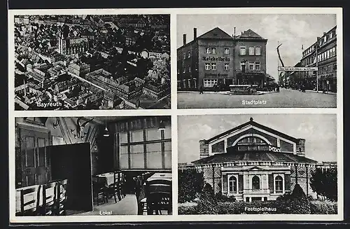 AK Bayreuth, Stadtplatz mit Gasthaus und Metall-Spendenaufruf, Teilansicht, Festspielhaus