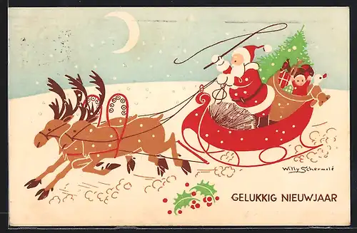 Künstler-AK Willy Schermele: Weihnachtsmann auf Rentierschlitten bei Mondschein, Neujahrsgruss