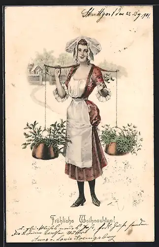 Künstler-AK Th.Zasche: Frau trägt Mistelzweige durch den Schnee