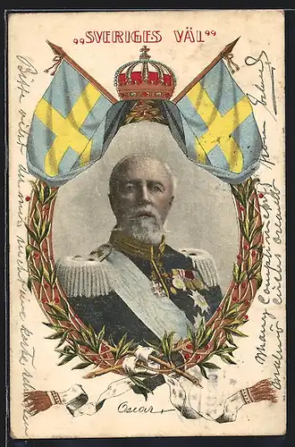 AK König Oscar II. von Schweden in Uniform, Krone und Flaggen