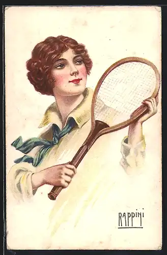 Künstler-AK sign. Rappini: Porträt einer Tennisspielerin mit Tennisschläger