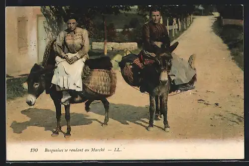 AK Basques se rendant au Marché, Händlerinnen auf Eseln