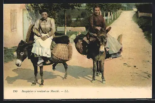 AK Basques se rendant au Marché, Händlerinnen auf Eseln