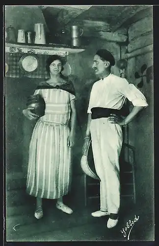 AK Baske mit Pelota-Schläger nebst Gattin