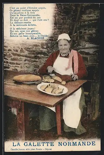 AK Normandie, La Galette Normande, Frau schneidet Brot