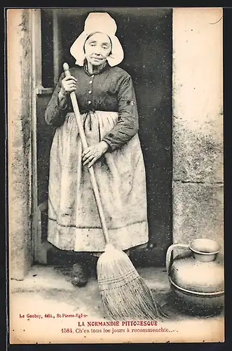 AK Normandie, Ältere Frau mit einem Besen