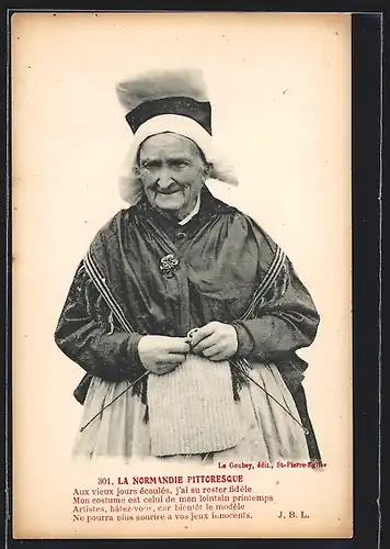AK Normandie, Ältere Frau mit Strickzeug