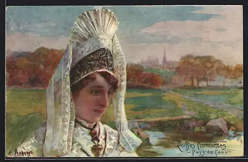 Künstler-AK Caux, Coiffes Normandes, Frau in Tracht