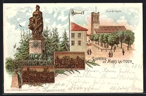 Lithographie Mars-la-Tour, Place de l`Eglise, Monument