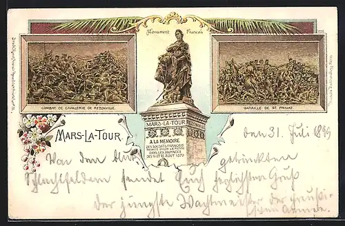 Lithographie Metz, Schlachtfelder um Metz und Franz. Denkmal bei Mars-la-Tour