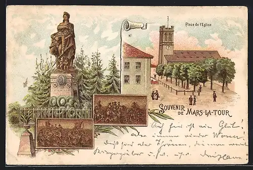 Lithographie Mars-la-Tour, Place de l`Eglise, Monument