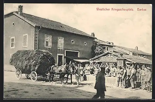 AK Barbas, Westlicher Kriegsschauplatz, Gasthaus zum feuchten Winkel mit Pferdewagen