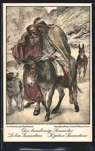 Künstler-AK Der barmherzige Samariter begleitet einen Verletzten auf einem Esel, Rotes Kreuz