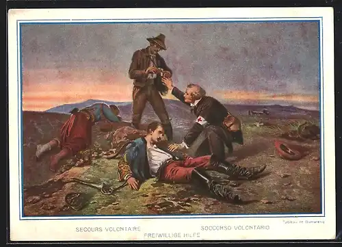 Künstler-AK Freiwillige Hilfe, Henri Dunant 1828-1928, Sanitäter hilft verwundetem Soldaten, Rotes Kreuz