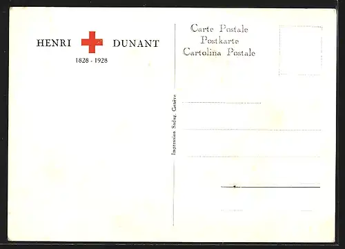 Künstler-AK Freiwillige Hilfe, Henri Dunant 1828-1928, Sanitäter hilft verwundetem Soldaten, Rotes Kreuz