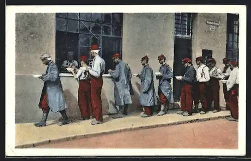 AK Französische Kriegsgefangene bei der Essensausgabe im Gefangenenlager