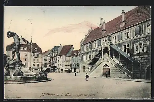 AK Mülhausen, Rathausplatz mit Springbrunnen