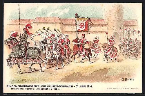 Künstler-AK Mülhausen, Eingemeindungsfeier Mülhausen-Dornach am 7. Juni 1914, Allegorische Gruppe