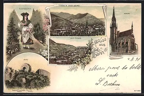 Lithographie Thann i. E., Kirche, Burg, Elsässerin in Tracht