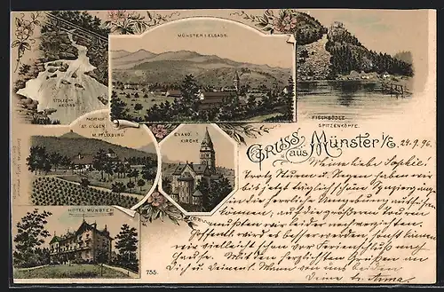 Lithographie Münster, Hotel Münster, Stolzer Abloss, Fischbödle Spitzenköpfe, Gesamtansicht