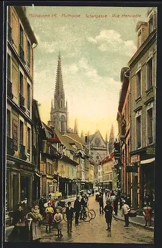 AK Mulhouse, Rue Henriette, avec l`Église