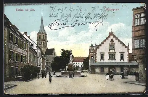 AK Sulz, Marktplatz mit Gasthof und Brunnen