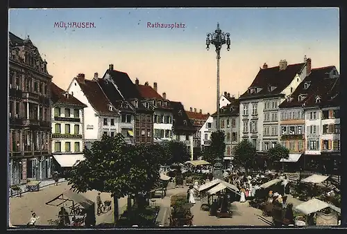 AK Mülhausen, Rathausplatz mit Markt