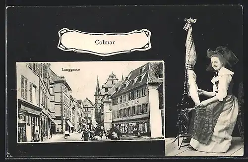 AK Colmar, Langgasse, Frau in Tracht bei der Handarbeit