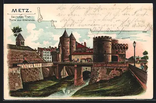 Lithographie Metz, Deutsches Tor, Porte des Allemands