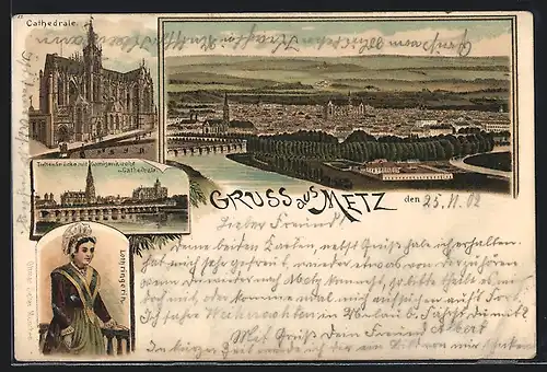 Lithographie Metz, Kathedrale, Todtenbrücke mit Garnisonkirche, Lothringerin