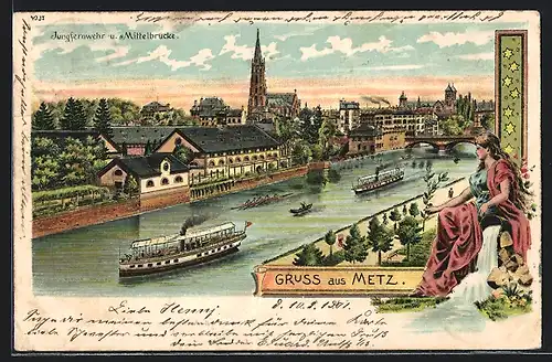 Lithographie Metz, Dampfer zwischen Jungfernwehr und Mittelbrücke