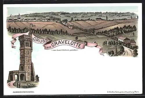 Lithographie Gravelotte, Gesamtansicht, Aussichtsturm