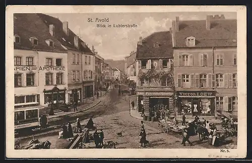 AK St. Avold, Strassenbahn in der Lubelnerstrasse, Marien-Apotheke