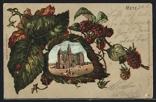 Passepartout-Lithographie Metz, Dom im Brombeerblatt