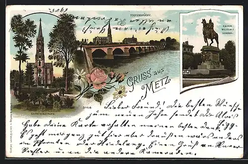 Lithographie Metz, Garnisonkirche, Todtenbrücke, Kaiser WilhelmI. Denkmal