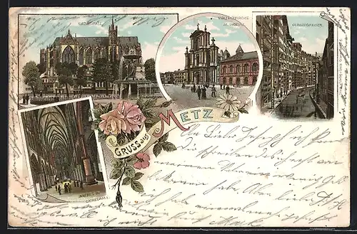 Lithographie Metz, Vinzenzkirche m. Lyceum, Gerbergraben