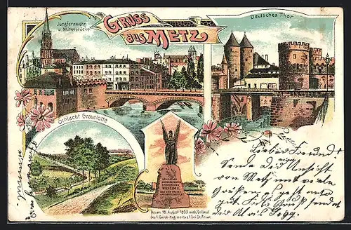 Lithographie Metz, Jungfernwehr und Mittelbrücke, Deutsches Tor, Schlucht Gravelotte