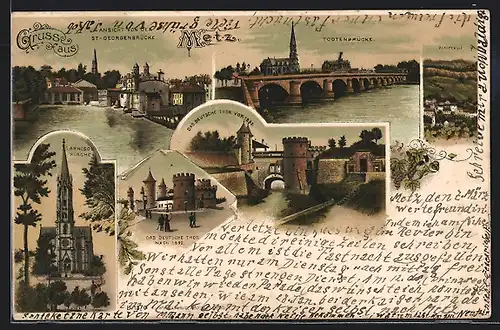 Lithographie Metz, Todtenbrücke, Garnisonkirche und das Deutsche Thor