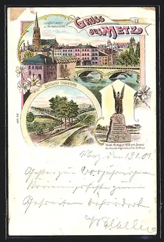 Lithographie Metz, Jungfernwehr und Mittelbrücke, Schlucht Gravelotte, Denkmal des 1. Garde-Regiments