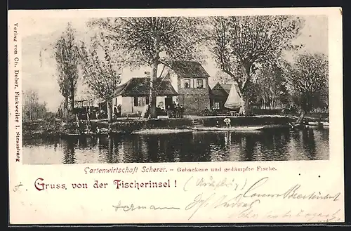 AK Strassburg, Gasthaus Scherer auf der Fischerinsel