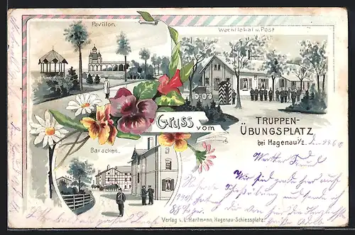 Lithographie Hagenau i. E., Truppenübungsplatz und Post, Baracken