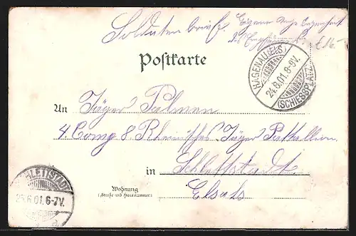 Lithographie Hagenau i. E., Truppenübungsplatz und Post, Baracken