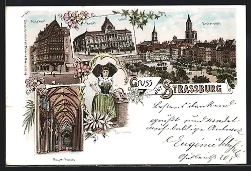 Lithographie Strassburg, altes Haus, Kaiserpalast, Kleberplatz, Münster Inneres