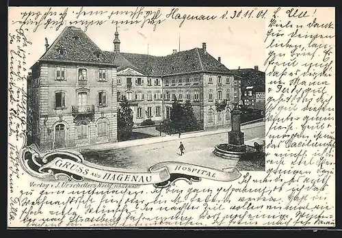 AK Hagenau, Hospital mit Strasse und Denkmal