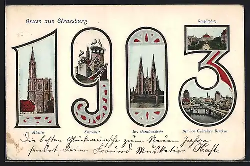 Passepartout-AK Strassburg, Münster, Storchnest, Ev. Garnisonkirche, Broglieplatz im Schriftzug 1903