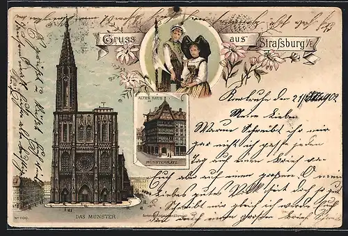 Lithographie Strassburg, Münster, Altes Haus am Münsterplatz, Strassburgerinnen mit Spindel