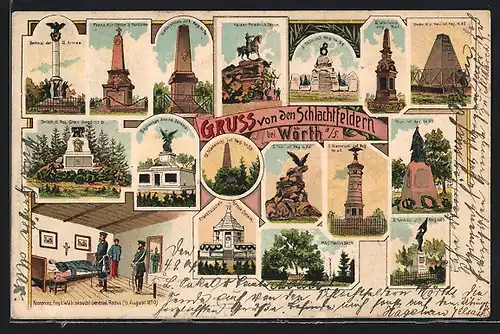 Künstler-AK Wörth a. S., Kaiser Friedrich Denkmal, Franz. Armee Denkmal