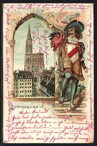 Passepartout-Lithographie Strassburg, Blick zum Münster, Herold bläst Fanfare