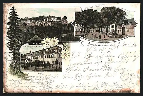 Lithographie St. Odilienberg, Ansichten vom Kloster, Klosterho, Ostseite