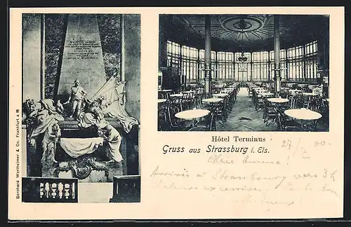 AK Strassburg, Hotel Terminus, Innenansicht, Schlachtendenkmal